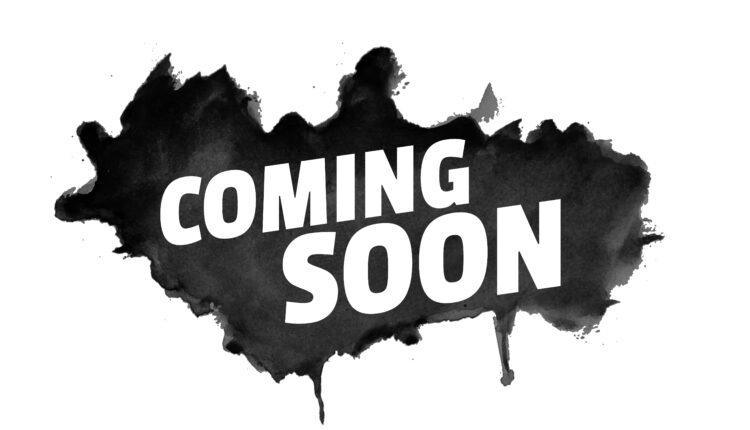 abstract grunge style coming soon background with black splatter